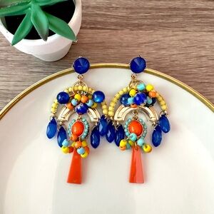 2/$30🌵 Orange & Blue Bead Gold Arch Earrings Dangle Boho Vibrant Chandelier NEW
